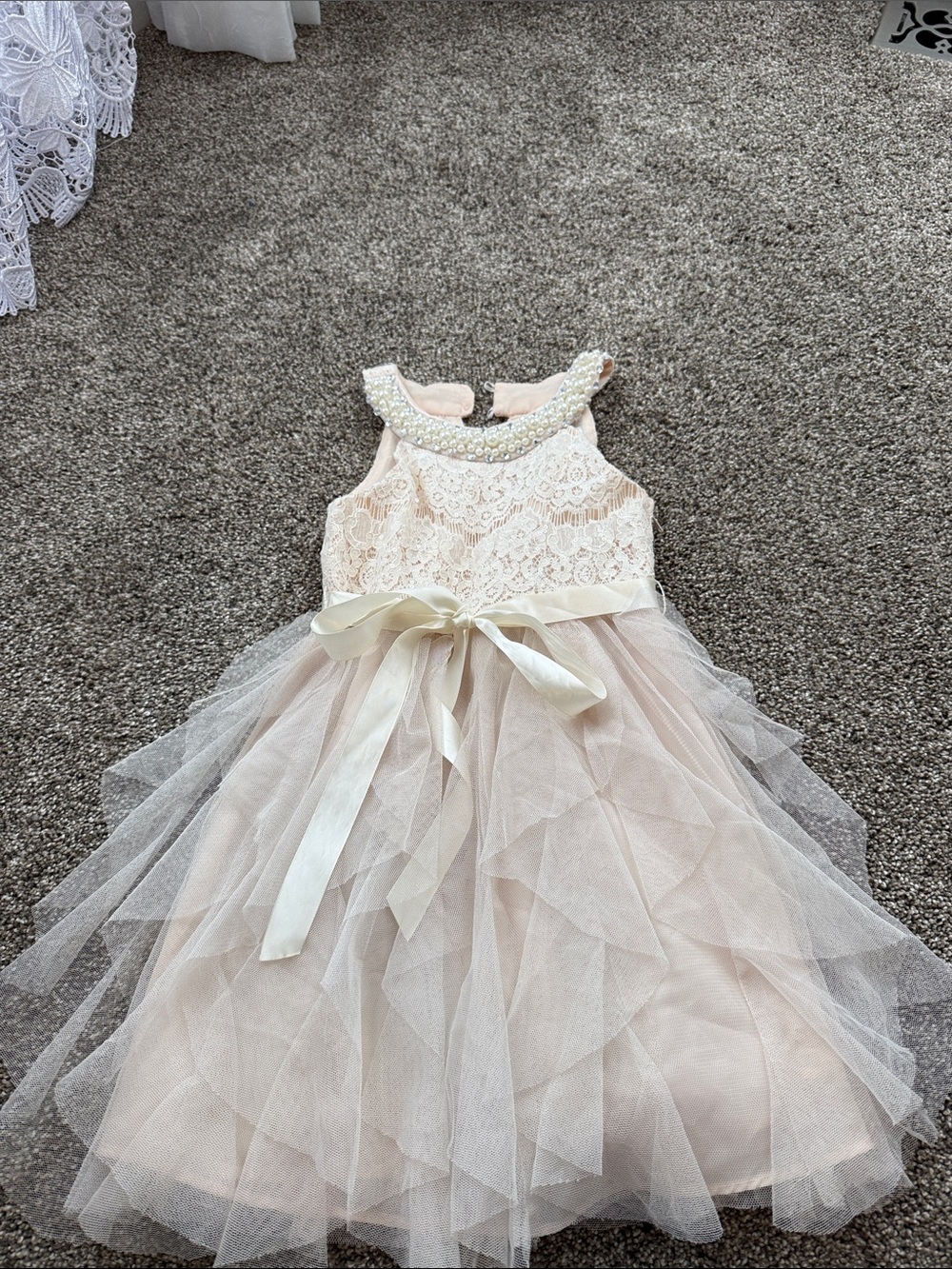 Rare Editions Blush Lace & Tulle Dress with Pearl Collar